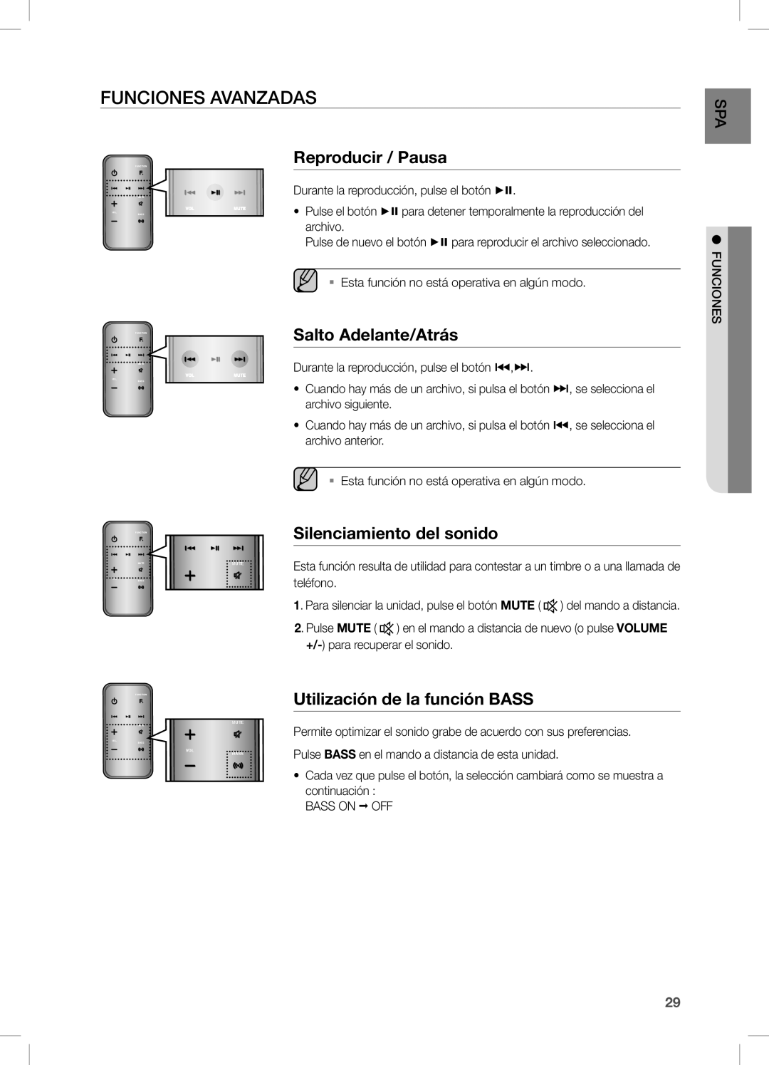 Samsung DA-E750/ZF manual Funciones Avanzadas, Reproducir / Pausa, Salto Adelante/Atrás, Silenciamiento del sonido 