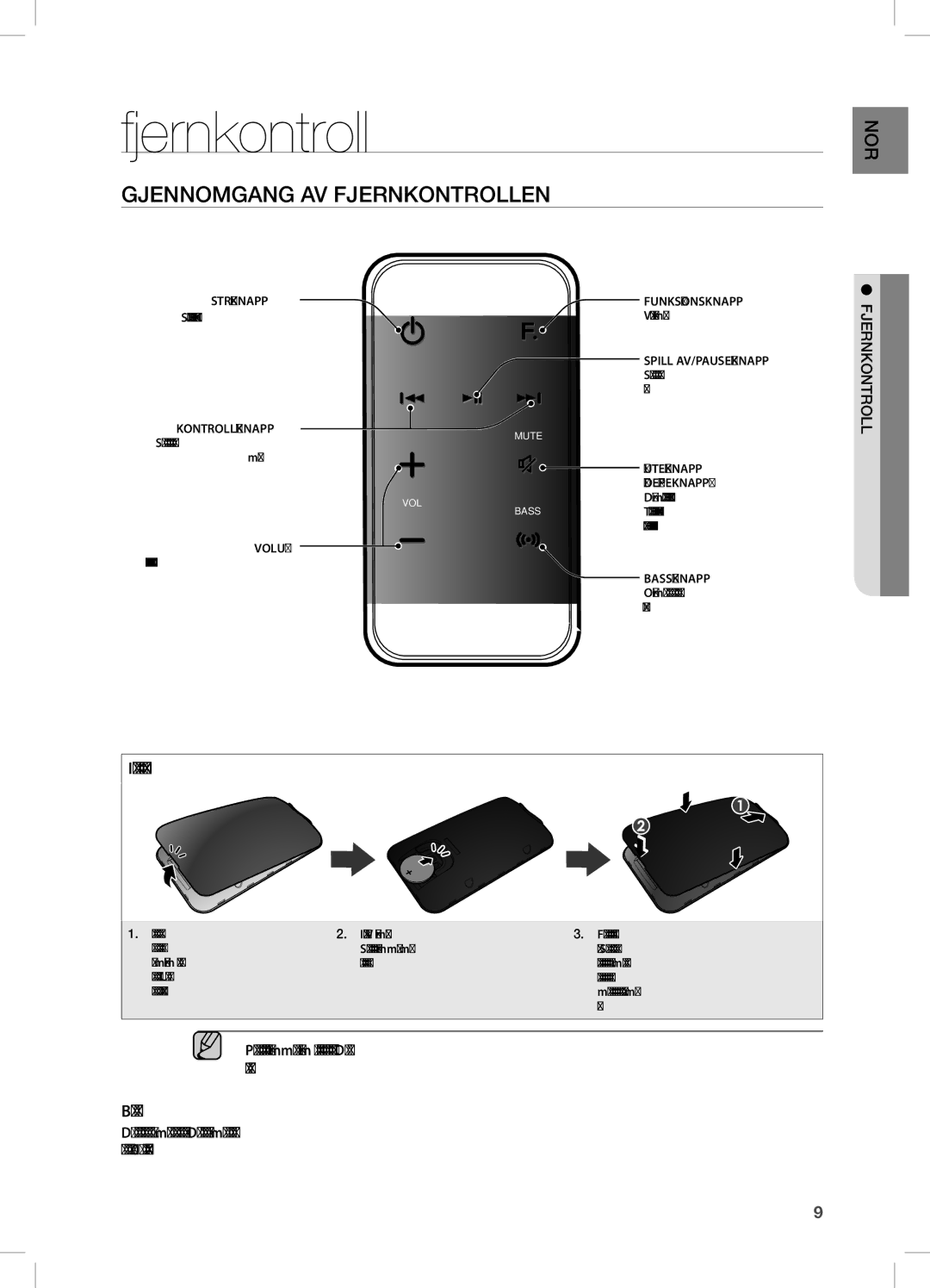 Samsung DA-E750/XE manual Gjennomgang AV Fjernkontrollen, Installere batteriet i fjernkontrollen, Bruke fjernkontrollen 