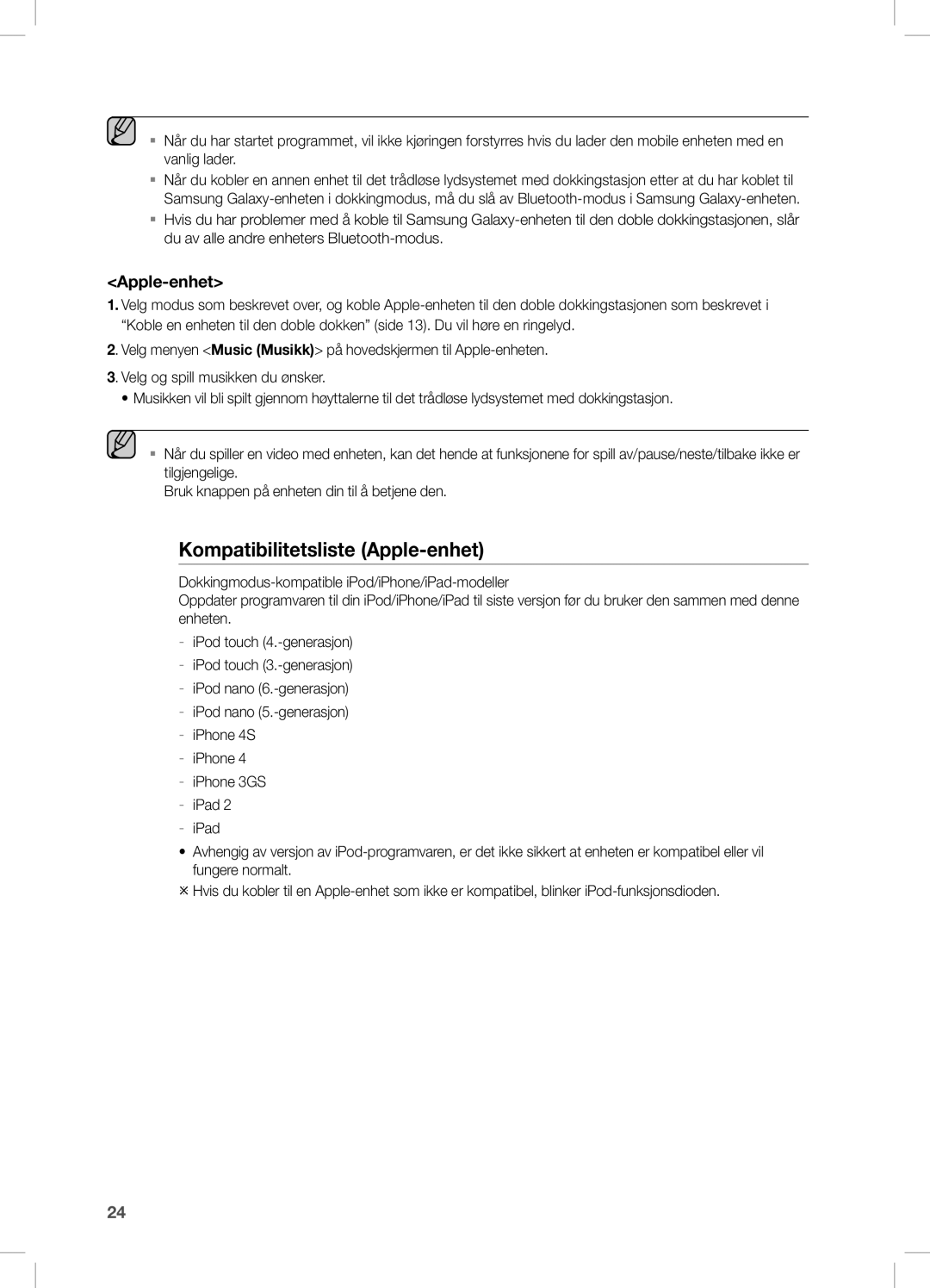 Samsung DA-E751/XE, DA-E750/XE manual Kompatibilitetsliste Apple-enhet 