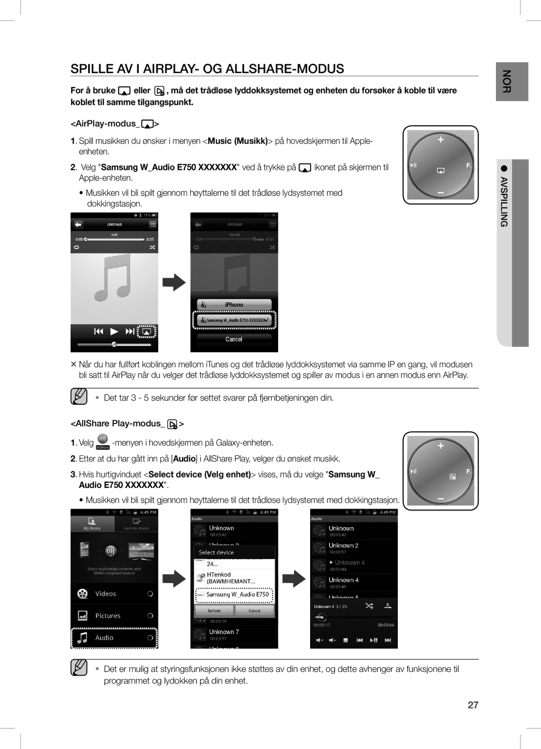 Samsung DA-E750/XE, DA-E751/XE manual SPiLLe AV i AiRPLAY- OG ALLsHARe-MODUs, AVSPilling 