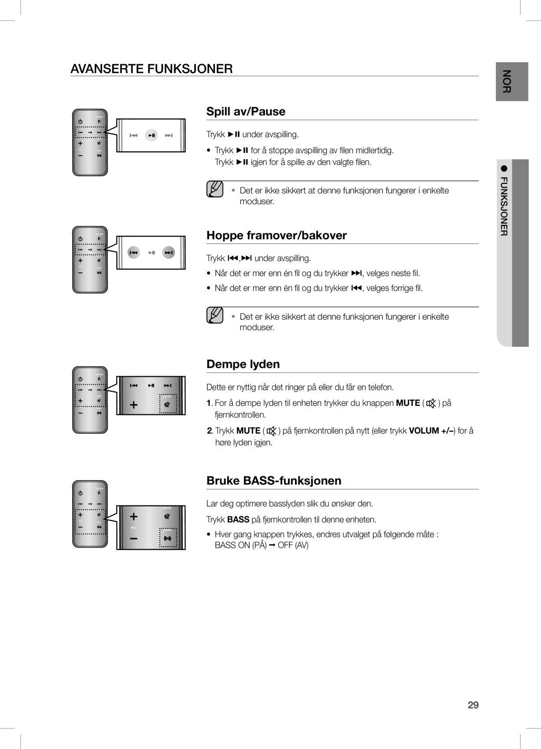 Samsung DA-E750/XE manual Avanserte Funksjoner, Spill av/Pause, Hoppe framover/bakover, Dempe lyden, Bruke BASS-funksjonen 