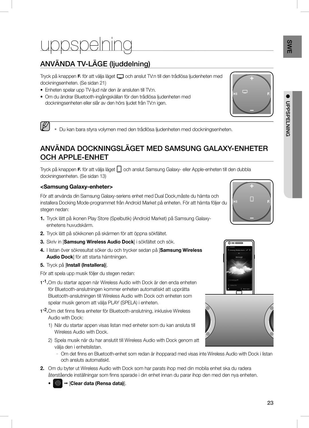 Samsung DA-E750/XE, DA-E751/XE manual Uppspelning, AnVÄnDA TV-LÄGe ljuddelning, Samsung Galaxy-enheter, UPPsPeLninG 