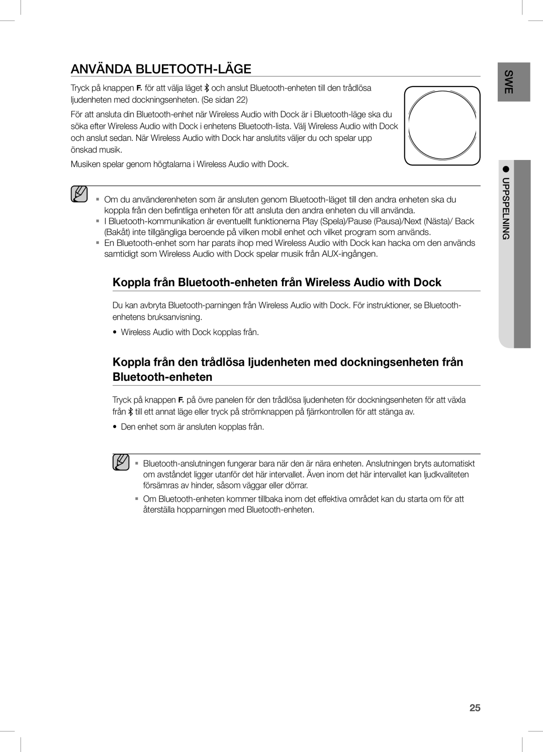 Samsung DA-E750/XE, DA-E751/XE manual Använda BLUETOOTH-LÄGE, Koppla från Bluetooth-enheten från Wireless Audio with Dock 