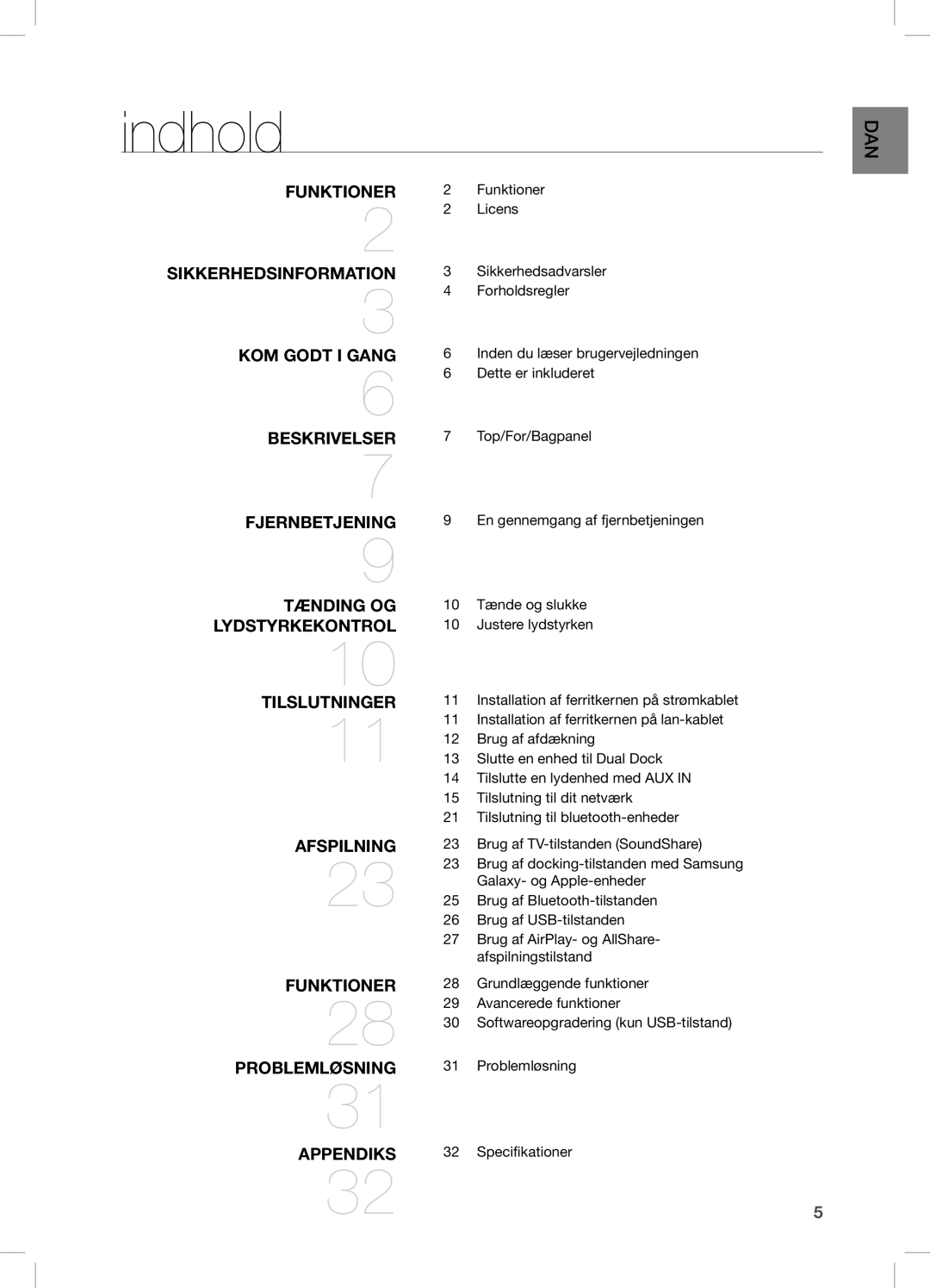 Samsung DA-E750/XE, DA-E751/XE manual Indhold, Problemløsning 