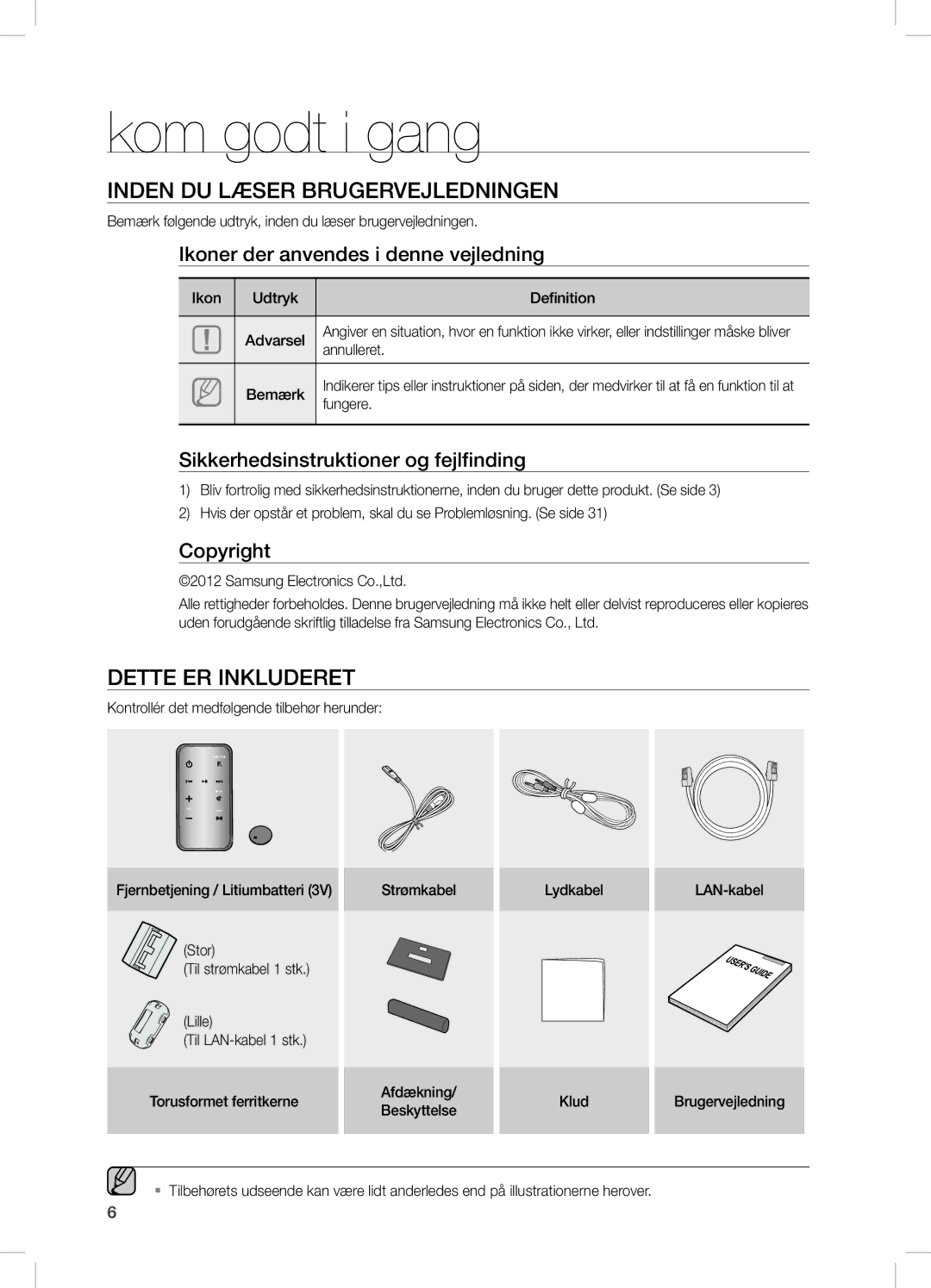 Samsung DA-E751/XE, DA-E750/XE manual Kom godt i gang, InDen DU LÆseR BRUGeRVejLeDninGen, DeTTe eR inKLUDeReT 