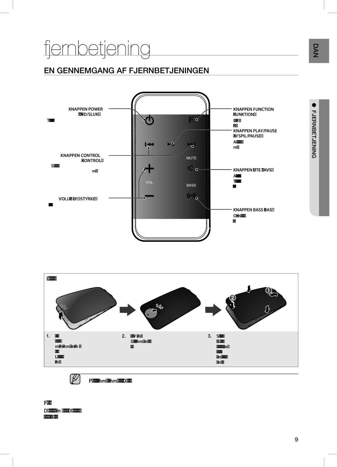 Samsung DA-E750/XE EN Gennemgang AF Fjernbetjeningen, Installation af batteri i fjernbetjeningen, GDAN jenint bnr jef 