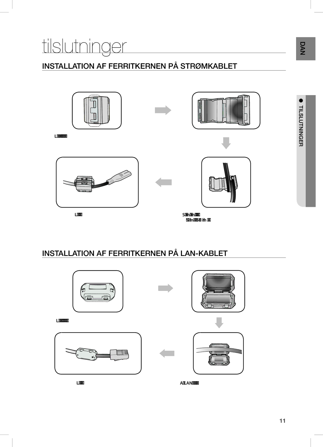 Samsung DA-E750/XE Tilslutninger, InsTALLATiOn AF FeRRiTKeRnen PÅ sTRØMKABLeT, InsTALLATiOn AF FeRRiTKeRnen PÅ LAn-KABLeT 