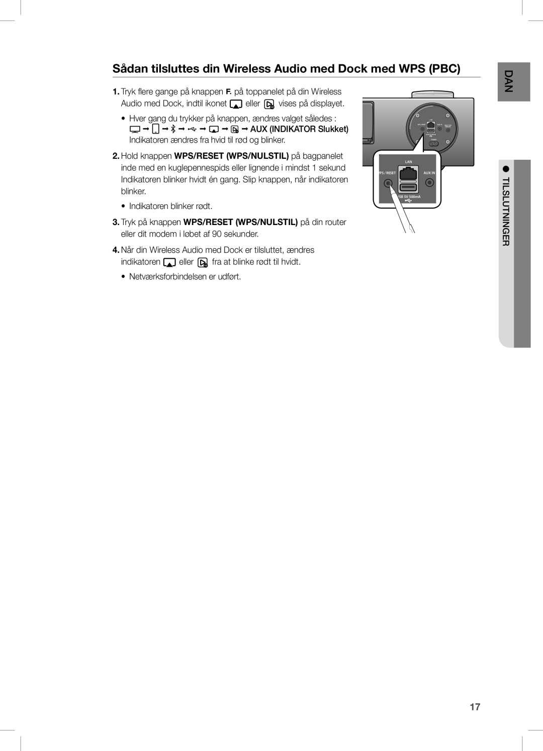 Samsung DA-E750/XE, DA-E751/XE manual Sådan tilsluttes din Wireless Audio med Dock med WPS PBC, Indikatoren blinker rødt 