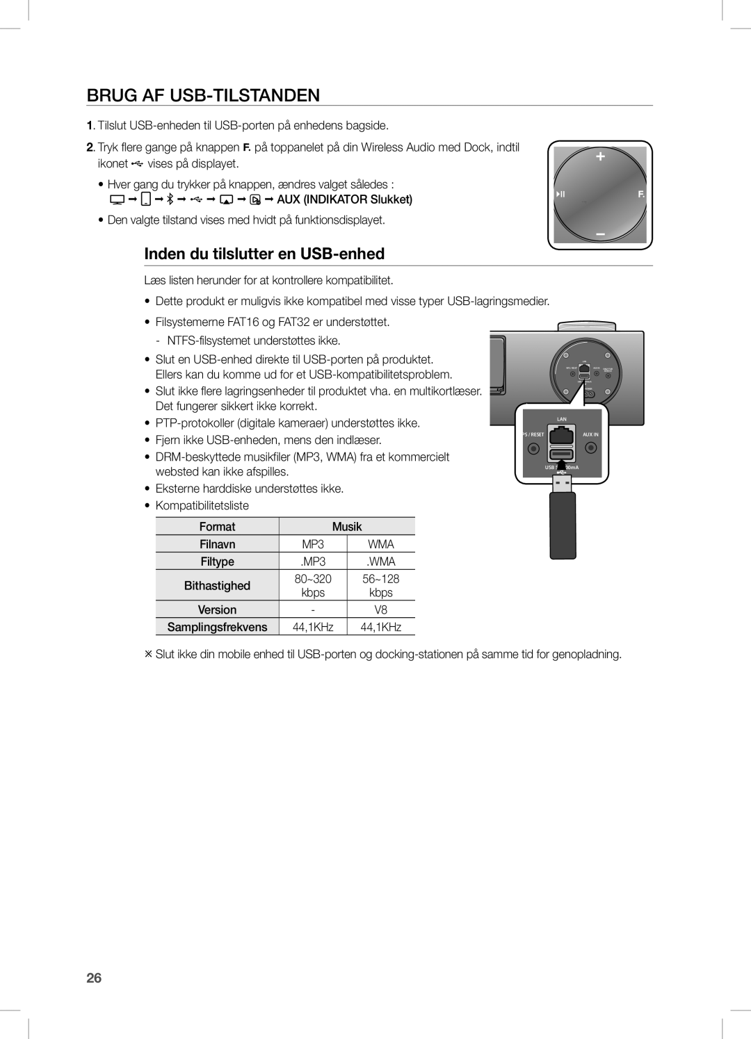 Samsung DA-E751/XE, DA-E750/XE Brug AF UsB-TiLsTAnDen, Inden du tilslutter en USB-enhed, Kompatibilitetsliste Format Musik 