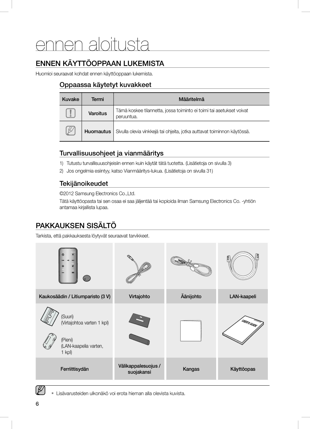 Samsung DA-E751/XE, DA-E750/XE manual Ennen aloitusta, Ennen KÄYTTÖOPPAAn LUKeMisTA, PAKKAUKsen sisÄLTÖ 