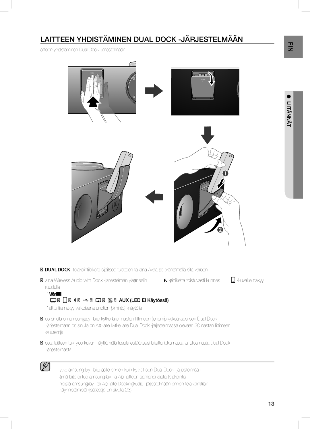 Samsung DA-E750/XE manual LAiTTeen YHDisTÄMinen Dual Dock -JÄRJesTeLMÄÄn, Laitteen yhdistäminen Dual Dock -järjestelmään 