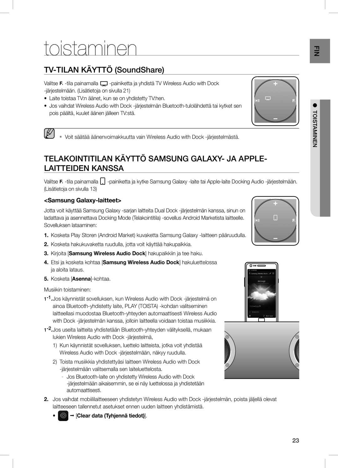 Samsung DA-E750/XE, DA-E751/XE manual Toistaminen, TV-TiLAn Käyttö soundshare, Samsung Galaxy-laitteet, TOisTAMinen 