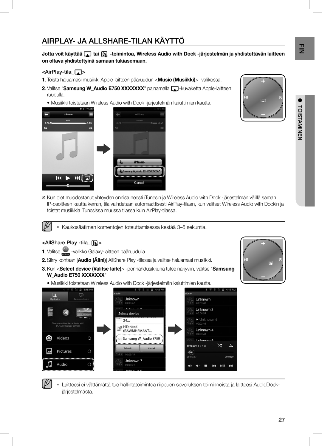 Samsung DA-E750/XE, DA-E751/XE manual AiRPLAY- JA ALLsHARe-TiLAn Käyttö, TOisTAMinen 