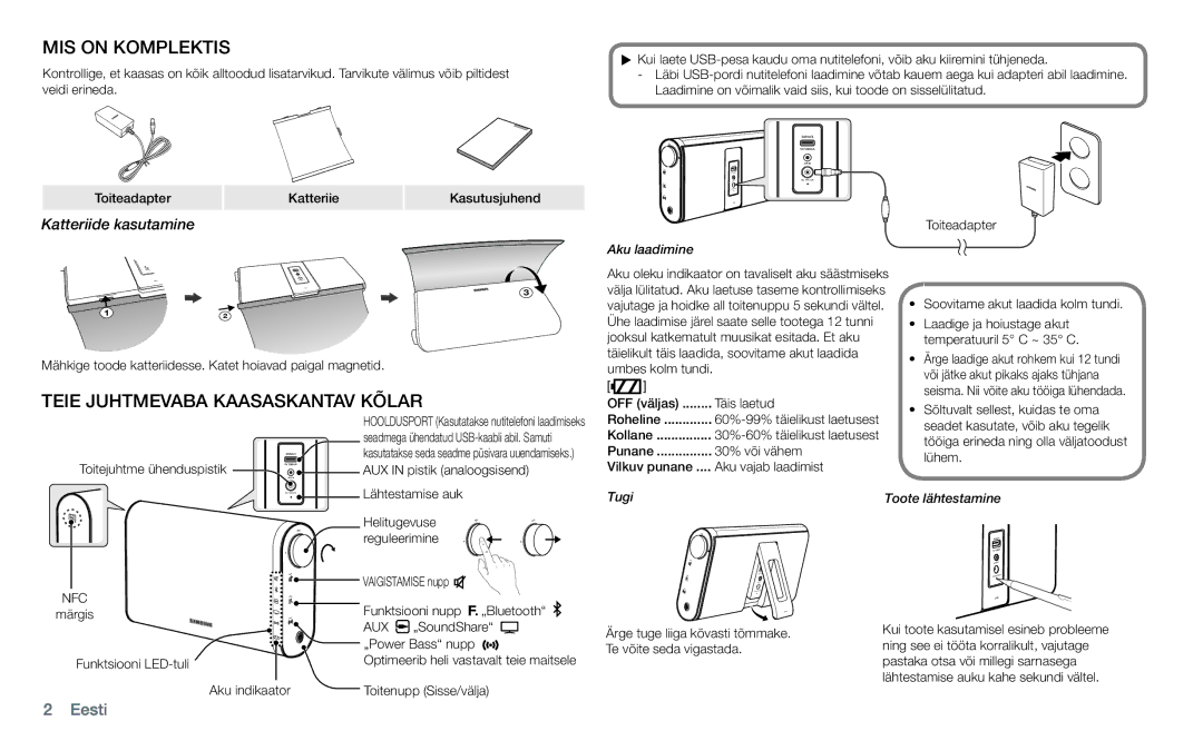 Samsung DA-F60/EN manual MIS on Komplektis, Teie Juhtmevaba Kaasaskantav Kõlar, Aku laadimine 