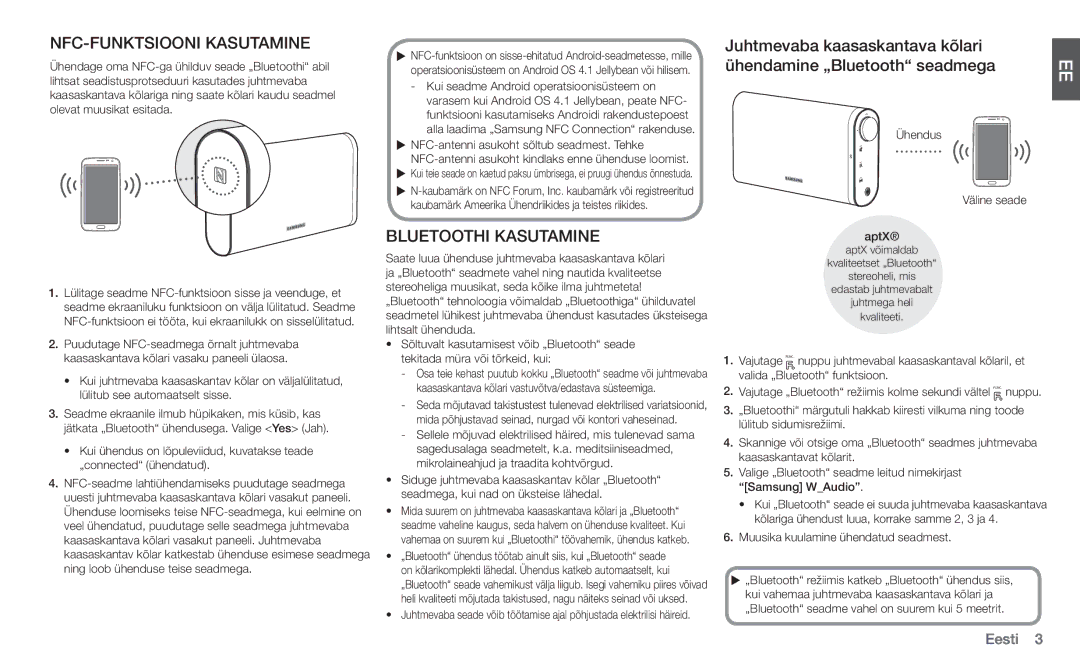 Samsung DA-F60/EN manual NFC-FUNKTSIOONI Kasutamine, Bluetoothi Kasutamine, Ühendus Väline seade AptX 