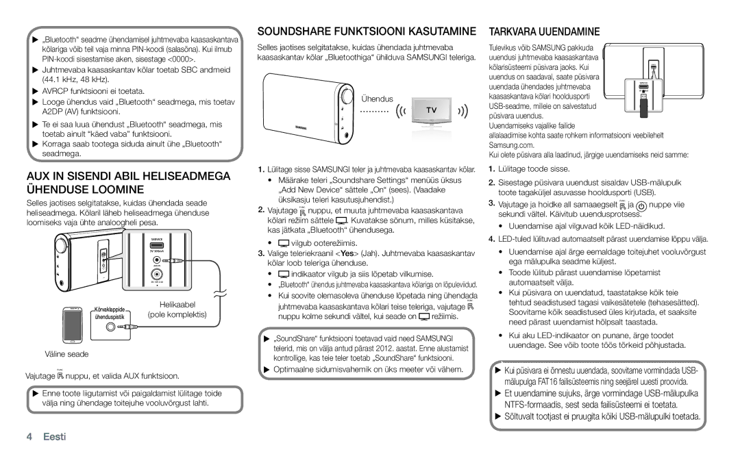 Samsung DA-F60/EN manual AUX in Sisendi Abil Heliseadmega Ühenduse Loomine, Tarkvara Uuendamine 