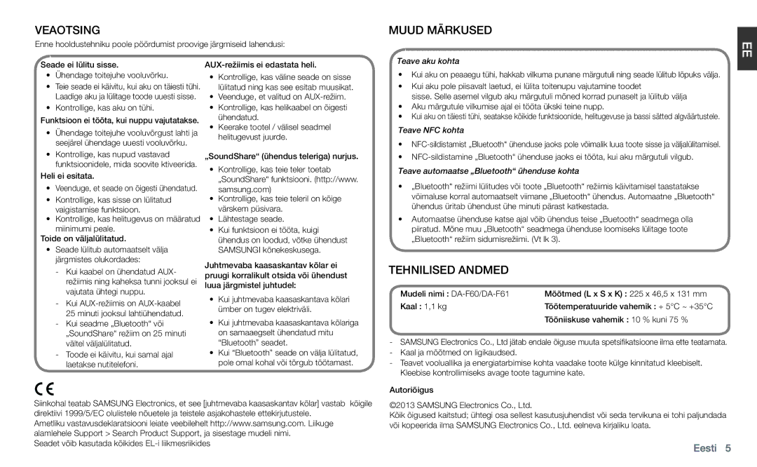 Samsung DA-F60/EN manual Veaotsing, Muud Märkused, Tehnilised Andmed, Teave aku kohta, Teave NFC kohta 