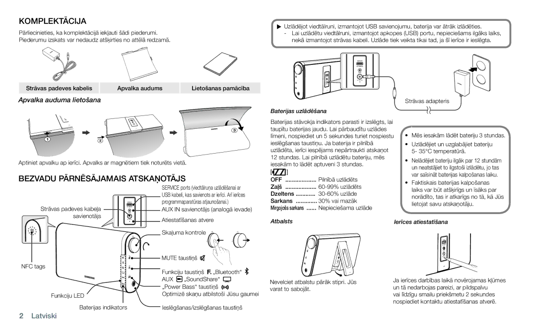 Samsung DA-F60/EN manual Komplektācija, Bezvadu Pārnēsājamais Atskaņotājs, Baterijas uzlādēšana 