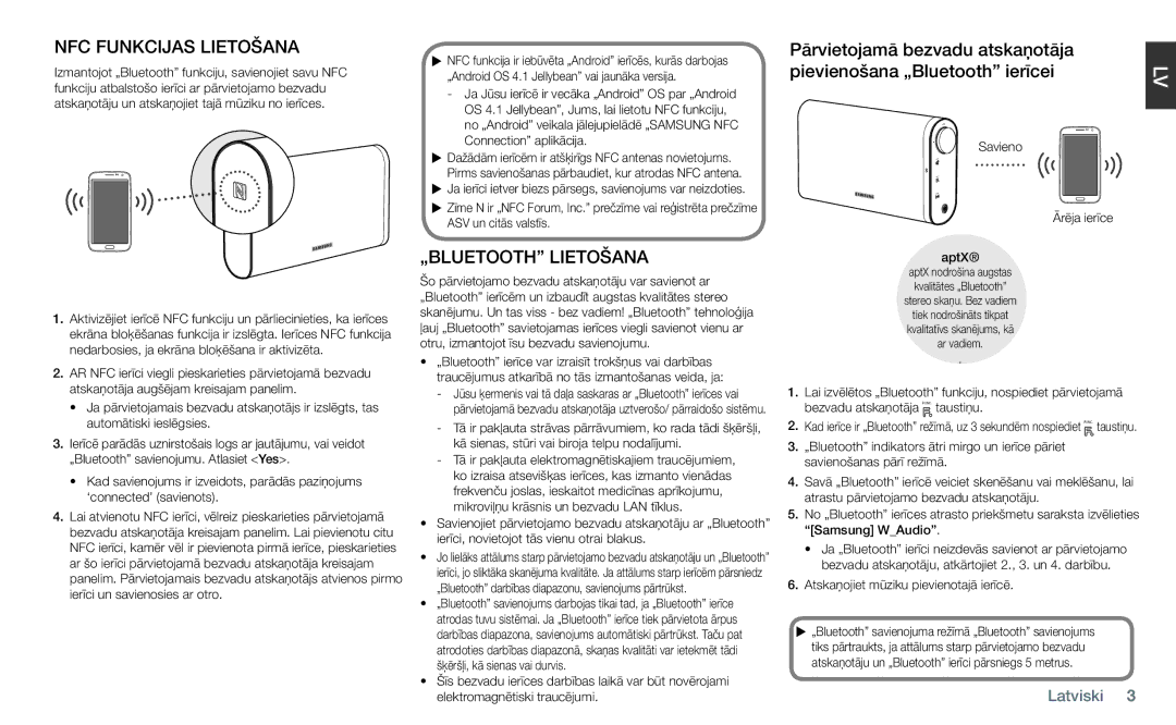 Samsung DA-F60/EN manual NFC Funkcijas Lietošana, „BLUETOOTH Lietošana, Savieno Ārēja ierīce AptX, Samsung WAudio 