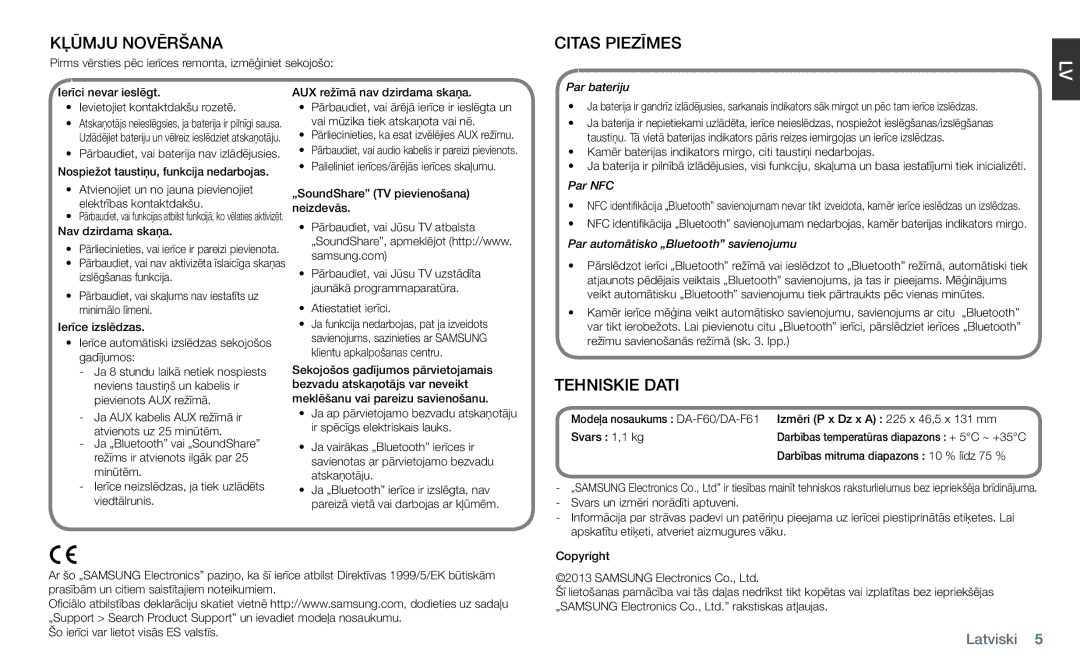 Samsung DA-F60/EN manual Kļūmju Novēršana, Citas Piezīmes, Tehniskie Dati 