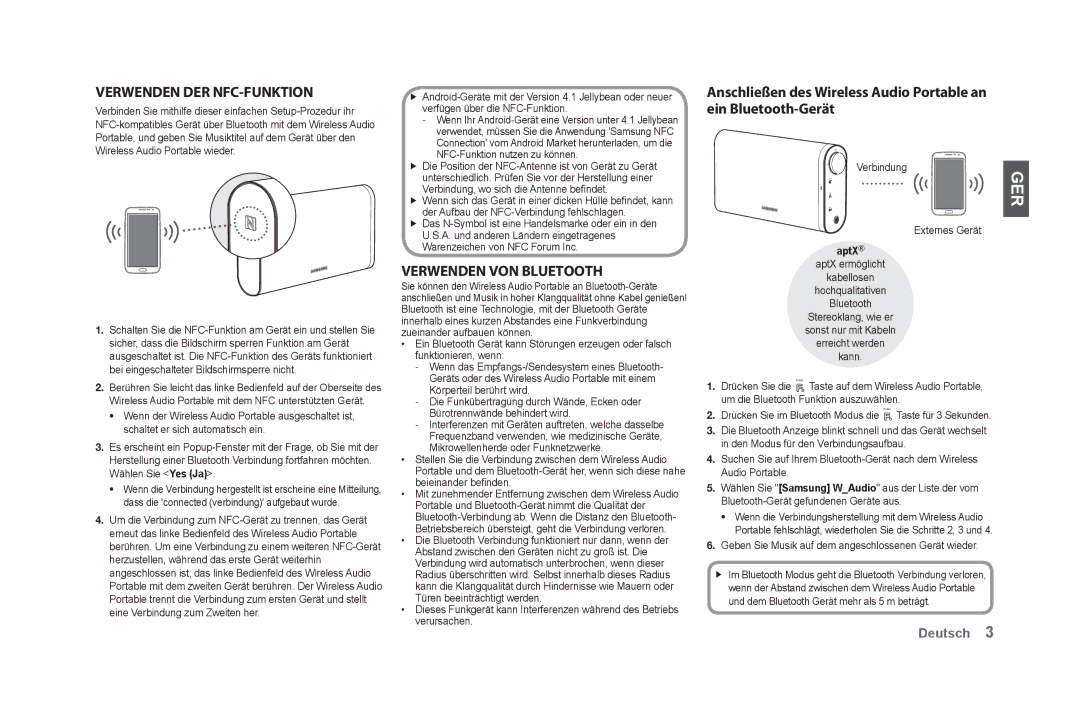 Samsung DA-F61/XN, DA-F61/EN, DA-F60/XN, DA-F60/EN, DA-F61/TK manual Ger, Verwenden der NFC-funktion, Verwenden von Bluetooth 