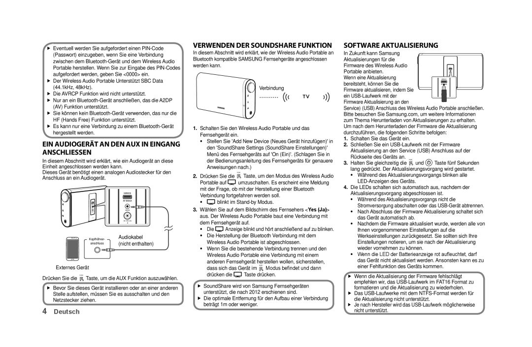 Samsung DA-F60/EN manual Ein audiogerät an den auX in eingang ansChLiessen, VerWenden der soundshare funktion, Audiokabel 