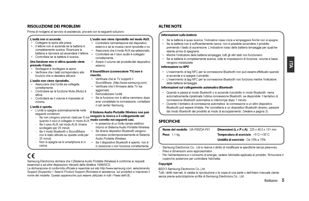 Samsung DA-F61/XE, DA-F61/EN, DA-F60/XN, DA-F61/XN, DA-F60/EN, DA-F61/TK manual Risoluzione dei problemi, Altre note, Specifiche 