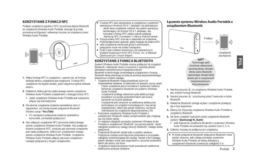 Samsung DA-F60/XN manual Pol, Korzystanie z funkcji NFC, Korzystanie z funkcji Bluetooth, Podłącz Urządzenie Zewnętrzne 