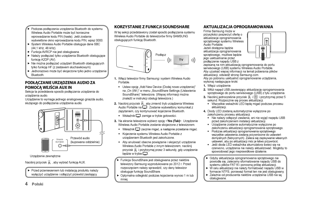 Samsung DA-F61/XN PodŁącZanie urZądZenia audio Za pomocą wejścia auX, KorZystanie Z funkcji soundshare, Przewód audio 