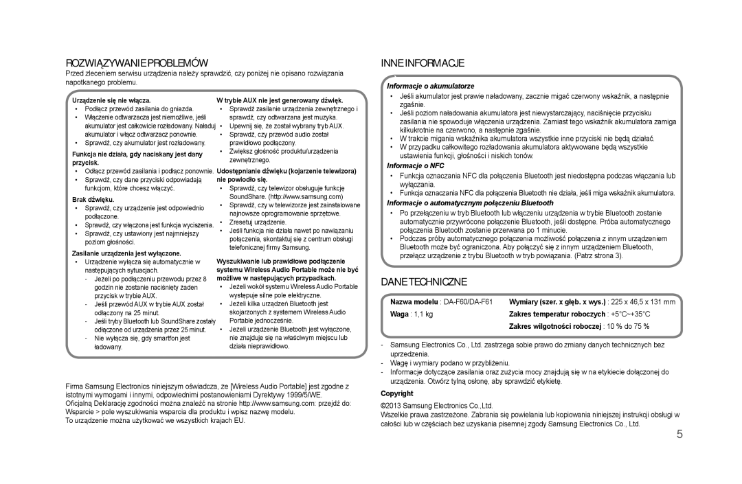 Samsung DA-F60/EN, DA-F61/EN, DA-F60/XN, DA-F61/XN, DA-F61/TK manual Rozwiązywanie problemów, Inne informacje, Dane techniczne 