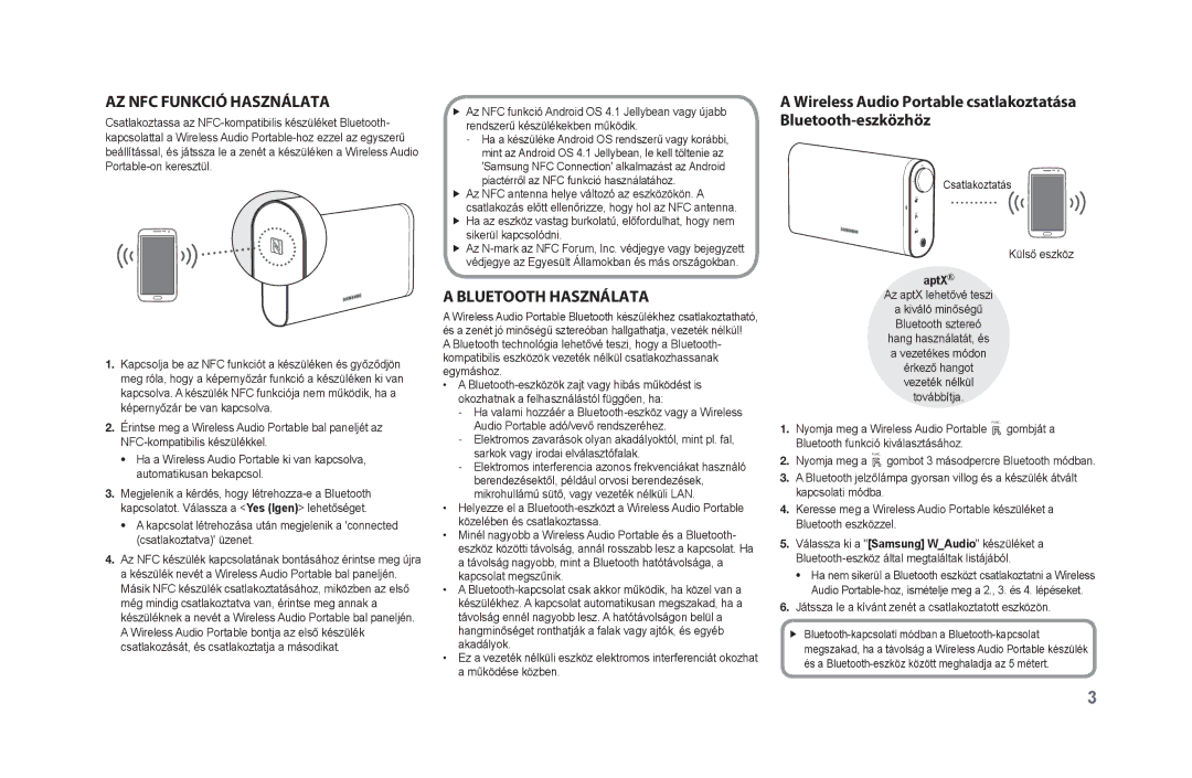 Samsung DA-F60/ZF, DA-F61/EN, DA-F60/XN manual Az NFC funkció használata, Bluetooth használata, Csatlakoztatás Külső eszköz 