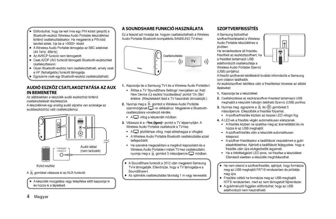 Samsung DA-F61/ZF manual Audió eszkÖz CsAtlAkoztAtásA Az AuX iN bemeNetre, SouNdshAre FuNkCió hAszNálAtA, SzoFtVerFrissítés 