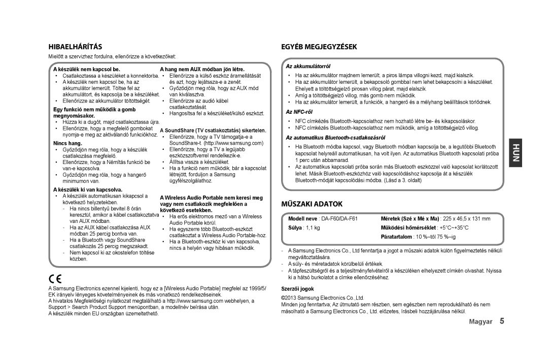 Samsung DA-F60/XE, DA-F61/EN, DA-F60/XN, DA-F61/XN, DA-F60/EN manual Hun, Hibaelhárítás, Egyéb megjegyzések, Műszaki adatok 