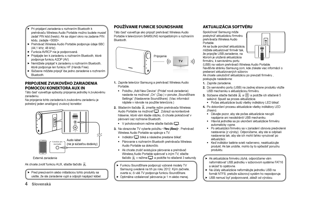 Samsung DA-F60/XN manual Pripojenie zVukoVého zariadenia pomocou konektora auX, PoužíVanie funkcie soundshare, Audio kábel 