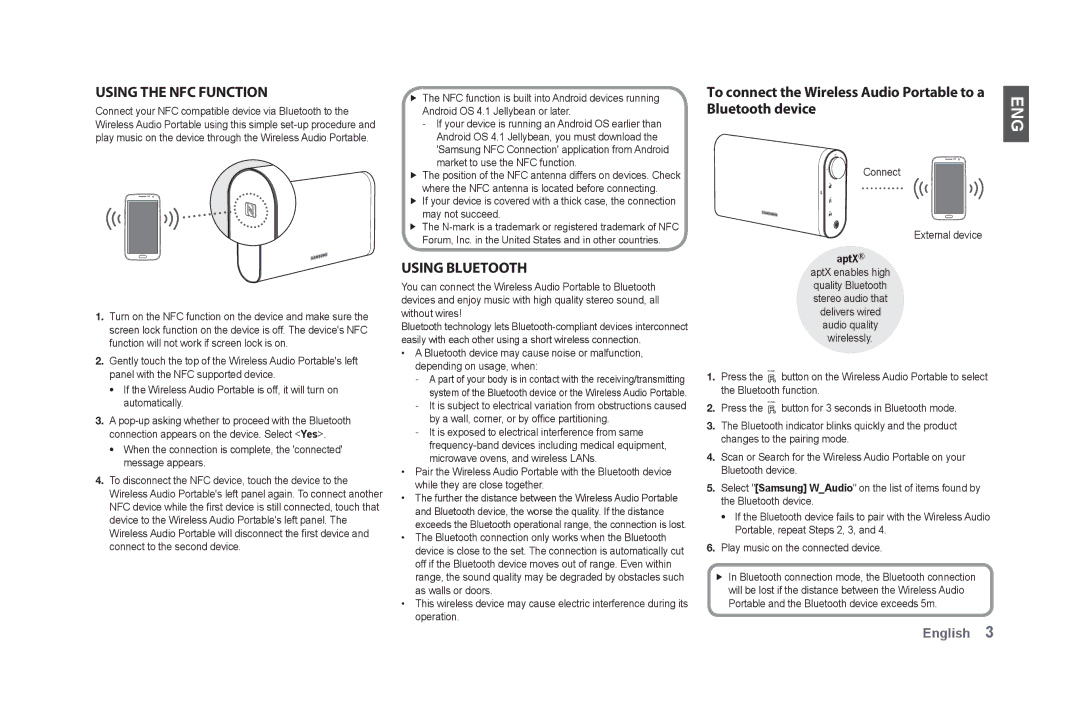 Samsung DA-F60/EN, DA-F61/EN, DA-F60/XN, DA-F61/XN Using the NFC function, Using Bluetooth, Connect External device, AptX 