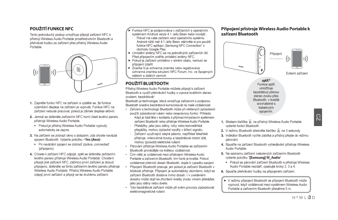 Samsung DA-F61/TK, DA-F61/EN, DA-F60/XN, DA-F61/XN, DA-F60/EN, DA-F60/ZF, DA-F61/ZF manual Použití funkce NFC, Použití Bluetooth 