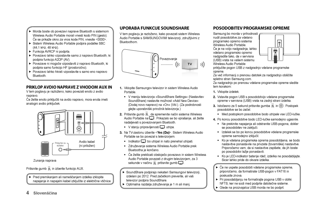 Samsung DA-F61/EN manual PriKloP avdio naPrave z vhodom auX, UPoraba funKcije soundshare, Posodobitev ProgramsKe oPreme 