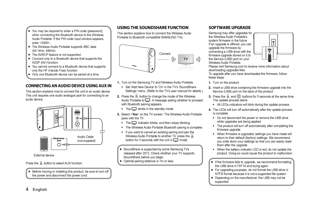 Samsung DA-F61/TK, DA-F61/EN manual Connecting an audio deVice using auX, Using the soundshare Function, SoFtWare uPgrade 