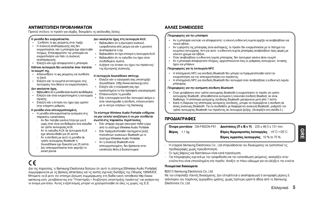 Samsung DA-F60/ZF, DA-F61/EN manual Gre, Αντιμετώπιση προβλημάτων, Άλλες σημειώσεις, Προδιαγραφές, Πνευματικά δικαιώματα 