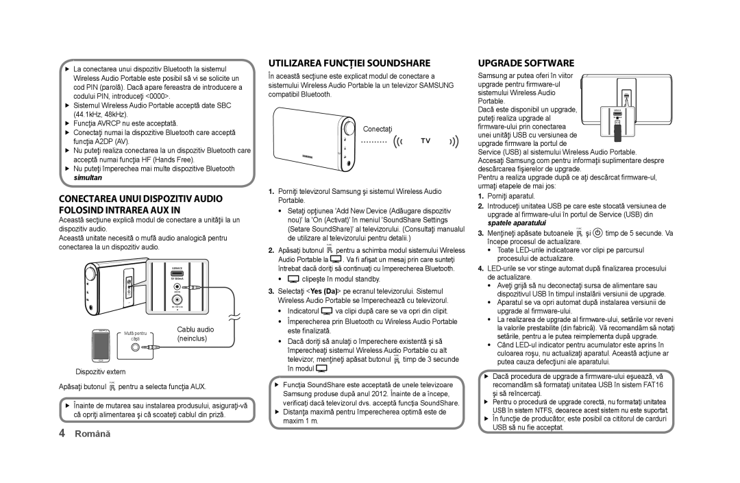 Samsung DA-F61/XE ConectAreA unui disPozitiV Audio folosind intrAreA AuX, UtilizAreA funcţiei soundshAre, UPGrAde softWAre 