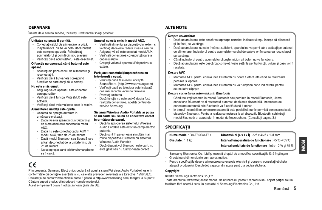 Samsung DA-F61/EN, DA-F60/XN, DA-F61/XN, DA-F60/EN, DA-F61/TK, DA-F60/ZF, DA-F61/ZF manual Rom, Depanare, Alte note, Specificaţii 