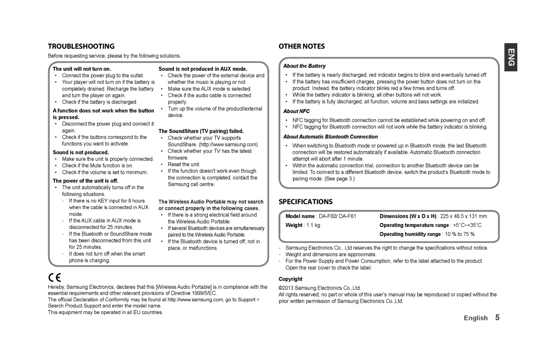 Samsung DA-F60/ZF, DA-F61/EN, DA-F60/XN, DA-F61/XN, DA-F60/EN, DA-F61/TK manual Troubleshooting, Other Notes, Specifications 