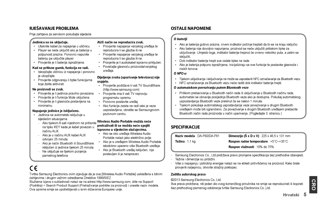 Samsung DA-F60/EN, DA-F61/EN manual Rješavanje problema Ostale napomene, NFC-u, Automatskom povezivanju putem Bluetooth veze 