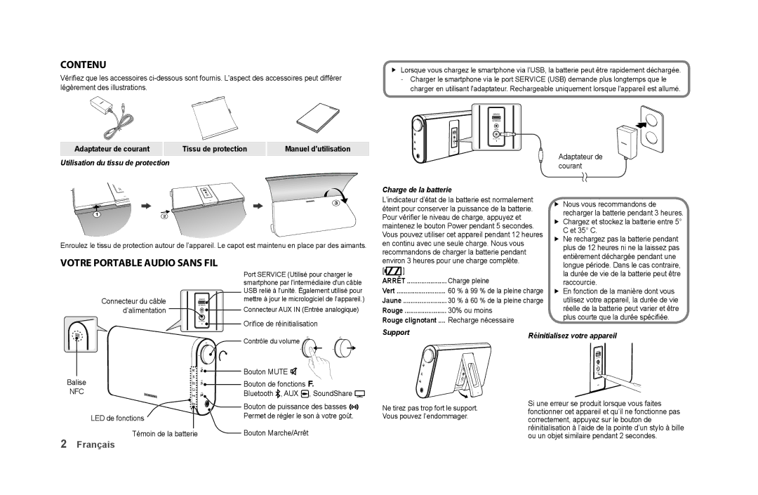 Samsung DA-F61/ZF, DA-F61/EN manual Contenu, Votre Portable Audio Sans fil, Français, Utilisation du tissu de protection 