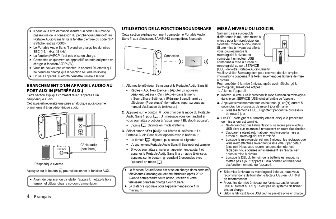 Samsung DA-F61/XE manual BranChement d’un aPPareil audio au Port auX in entrée auX, UtiliSation de la fonCtion SoundShare 