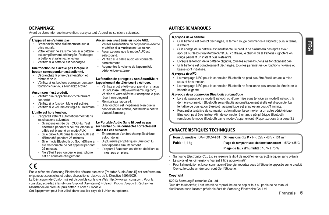 Samsung DA-F61/EN, DA-F60/XN, DA-F61/XN, DA-F60/EN, DA-F61/TK manual Dépannage, Autres remarques, Caractéristiques techniques 