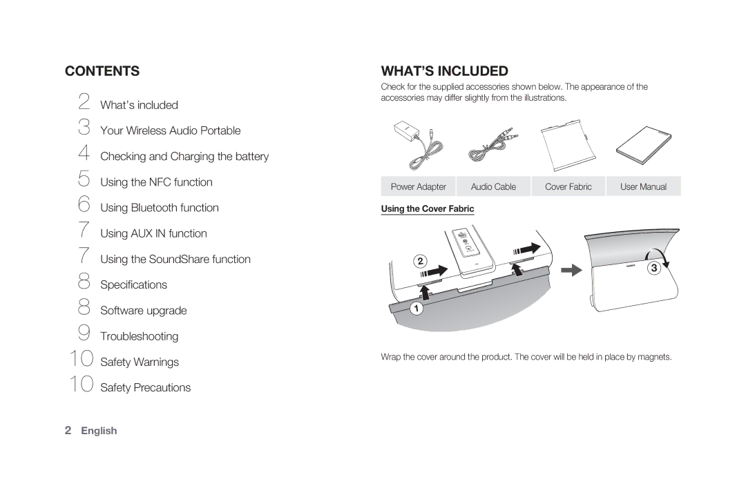 Samsung DA-F61/SQ, DA-F60/SQ manual Contents, WHAT’S Included, Power Adapter, Using the Cover Fabric 