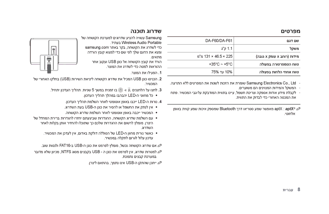 Samsung DA-F61/SQ, DA-F60/SQ manual הנכות גורדש, םיטרפמ 