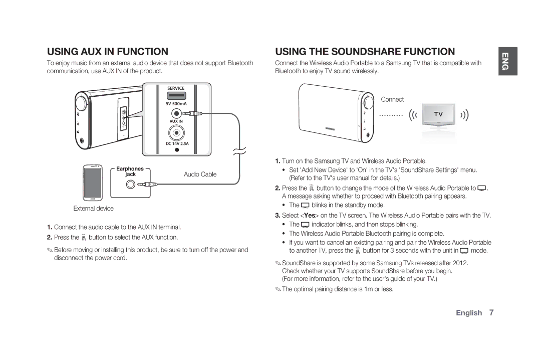 Samsung DA-F60/SQ, DA-F61/SQ manual Using AUX in Function, Using the Soundshare Function, Blinks in the standby mode 