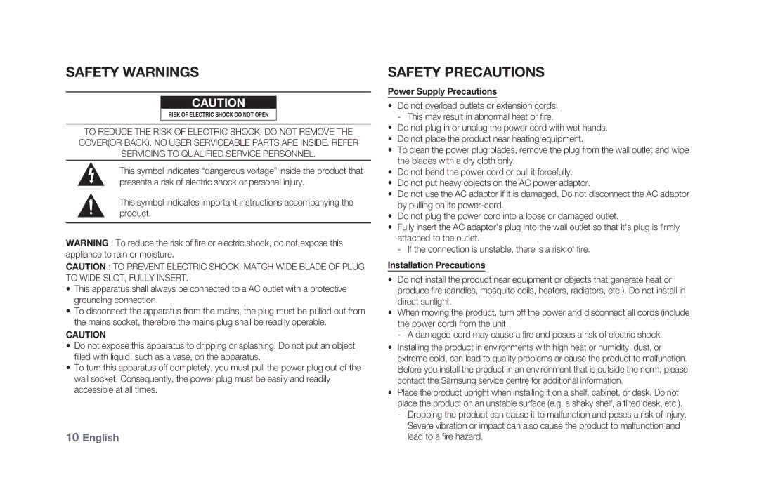 Samsung DA-F61/XV manual Safety Warnings, Safety Precautions, Power Supply Precautions, Installation Precautions 